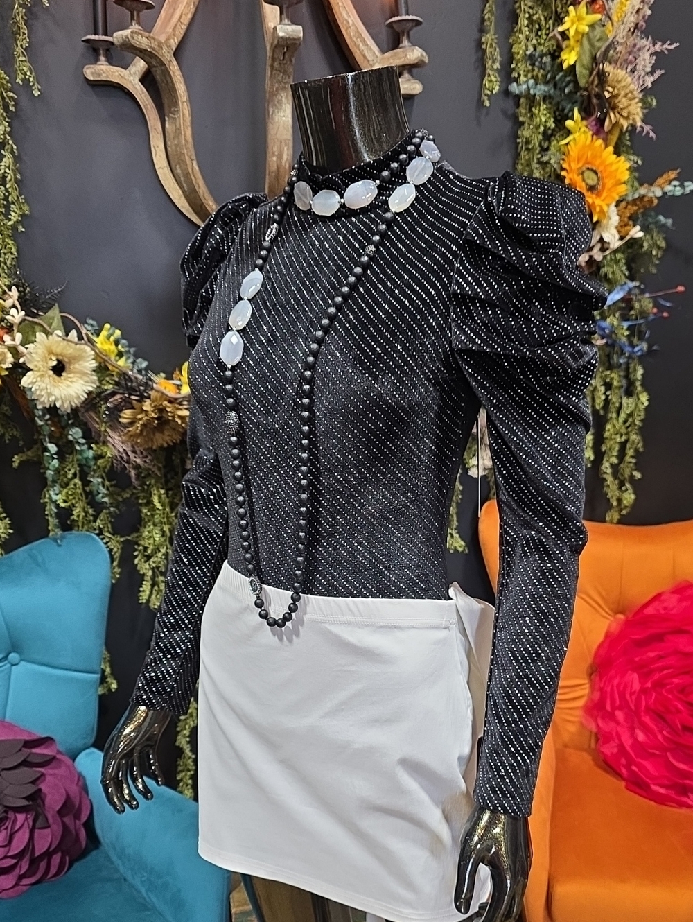 NEW! AKIRA Black Velvet Sparkle Puff-Sleeve Bodysuit